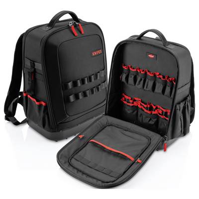 Deux sacs à dos d'outils KNIPEX noirs avec des accents rouges, l'un ouvert montrant des poches à outils organisées et une poche à fermeture éclair avant posée à plat.