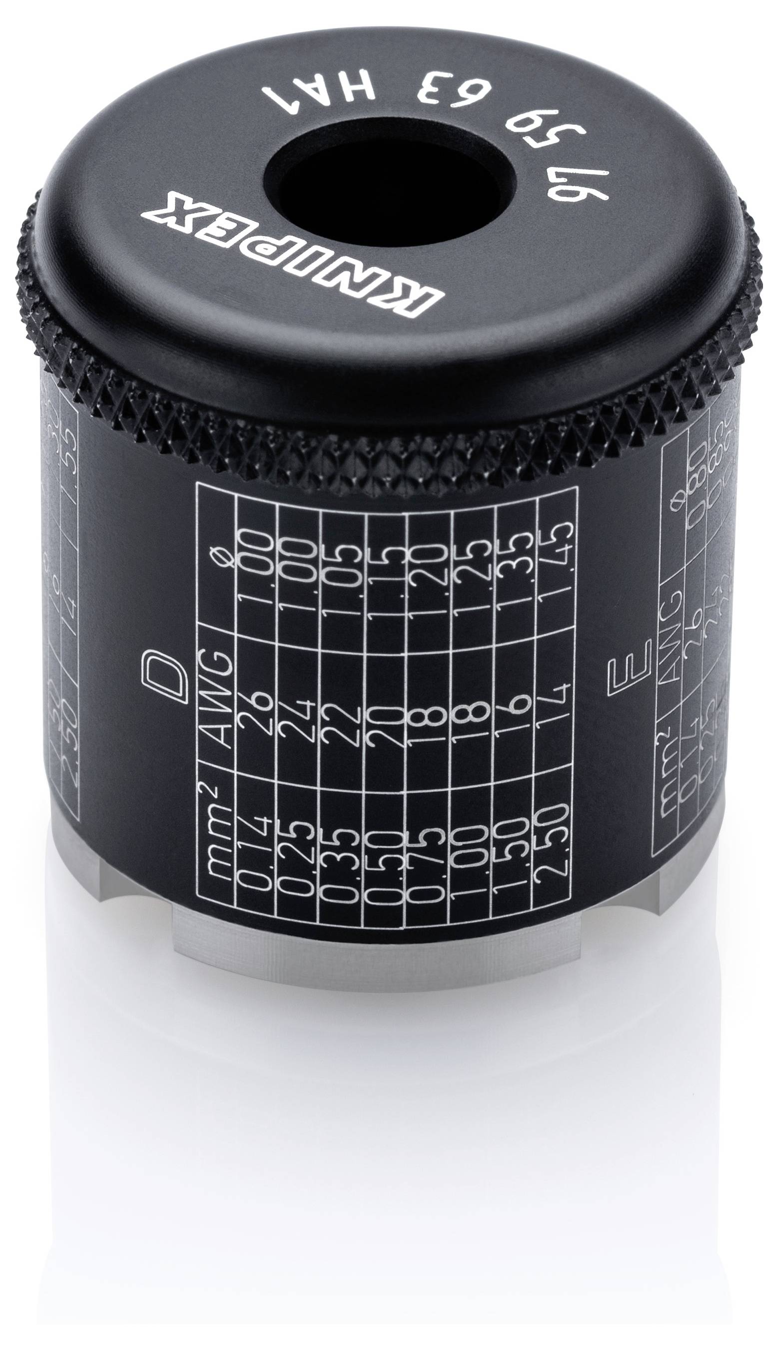Bouton de réglage de précision KNURPAX cylindrique noir avec un trou central et une grille de mesure imprimée sur le côté.