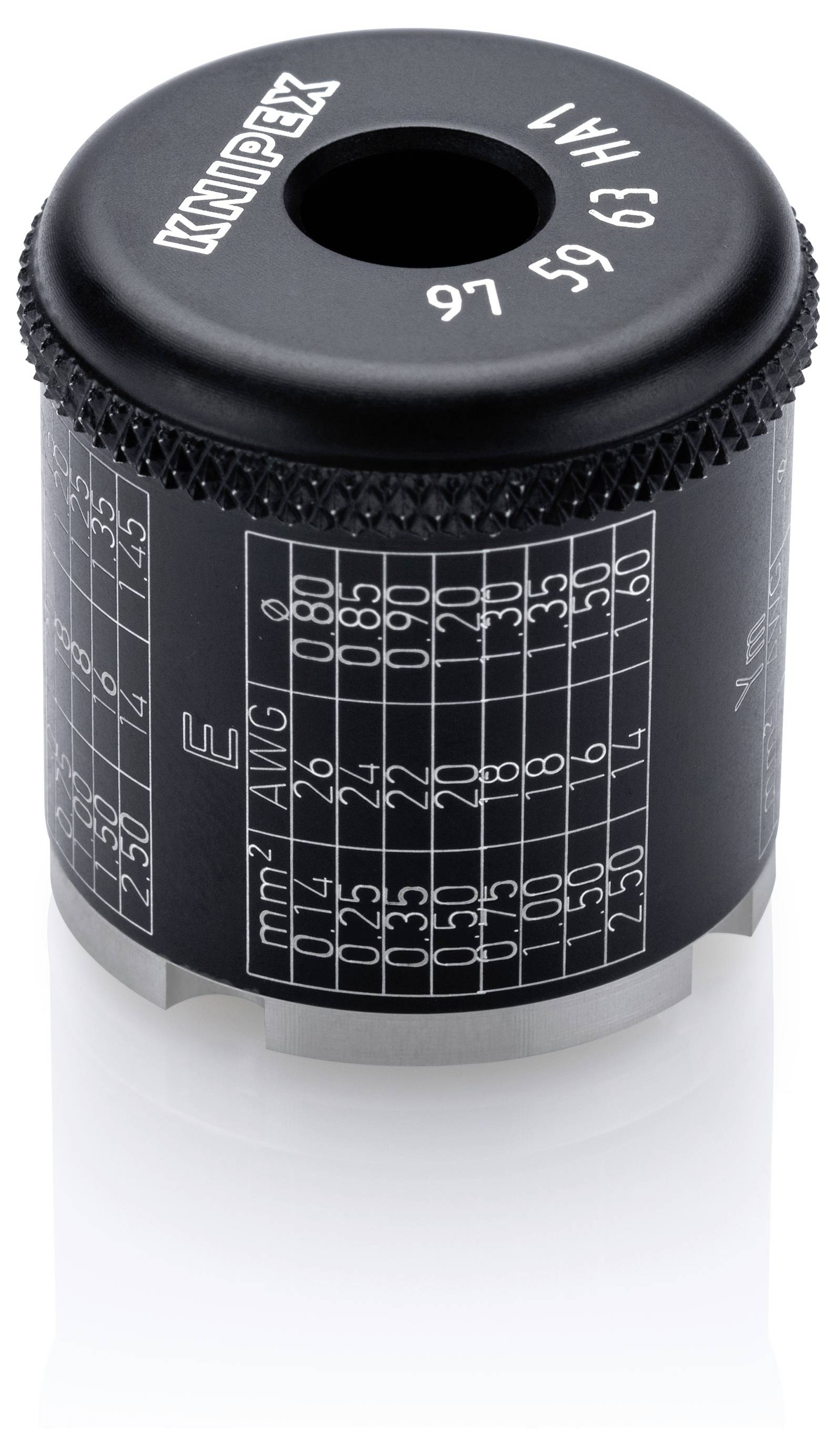 Bouton KNOPPEX cylindrique noir avec trou central et marquages d'échelle de mesure imprimés sur le côté.