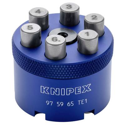 Boîte à outils KNIPEX bleue contenant six filières numérotées en métal et présentant l'inscription « 97 59 65 TE1 » imprimée sur le devant.