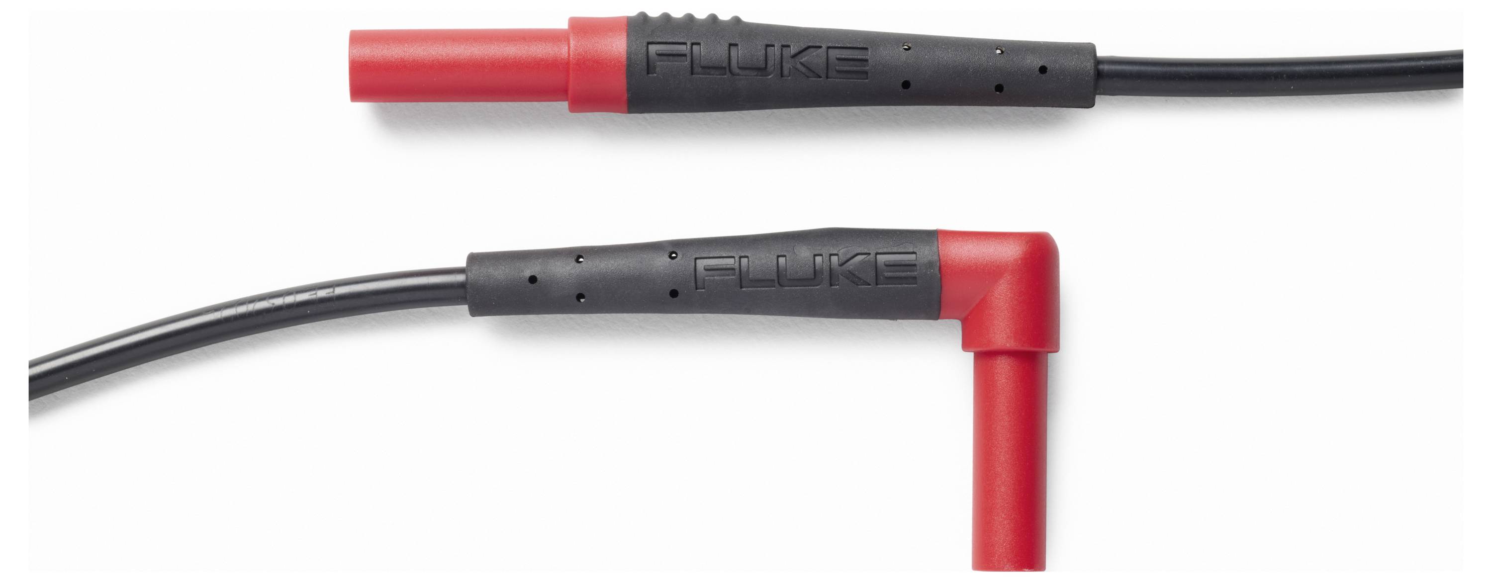 Deux câbles de test Fluke noirs présentés sur un fond blanc : une pointe de sonde rouge droite et une pointe de sonde rouge à angle droit.