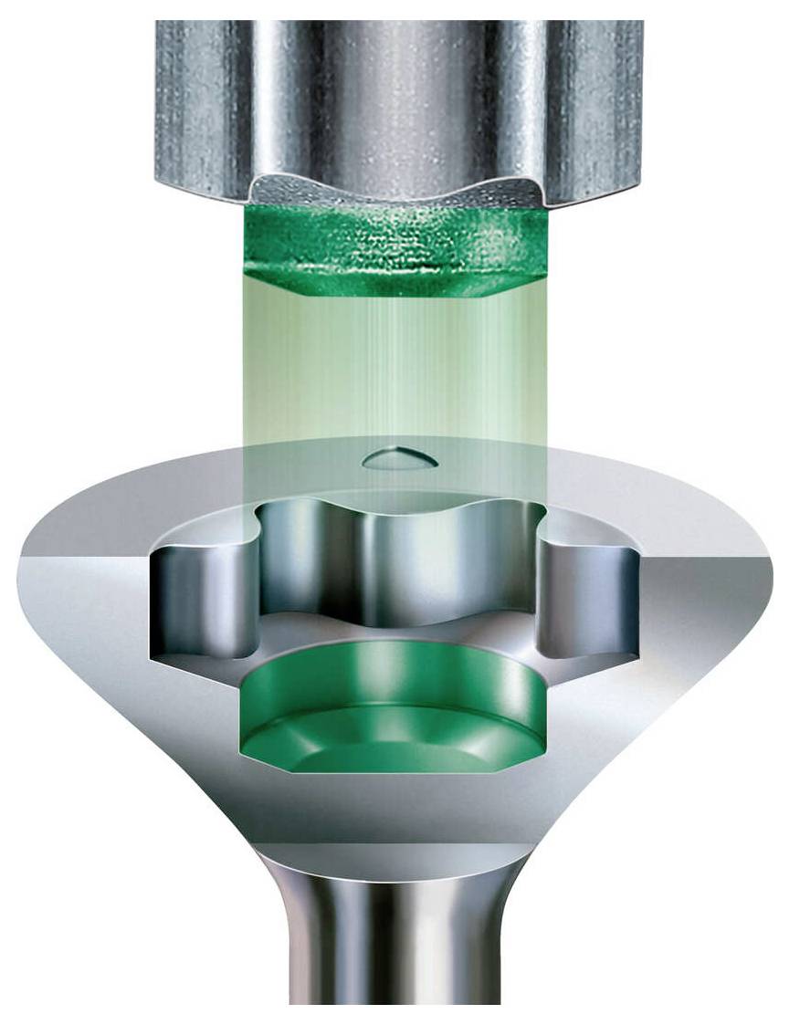 Illustration en coupe d'une valve/buse de dosage distribuant un liquide vert dans une chambre en forme d'entonnoir