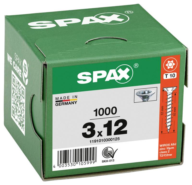 Boîte de vis SPAX vertes étiquetée « 8 x 200 », « Construction », « T 40 » et « Fabriqué en Allemagne ».