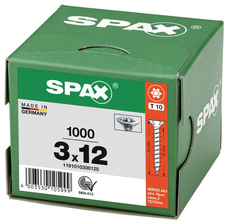 Boîte de vis SPAX étiquetée « 4,5x70 », quantité 500, fabriquée en Allemagne, avec entraînement T20 et diagramme de vis indiquant une longueur de 70 mm.
