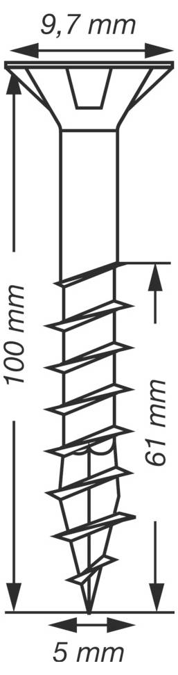 Dessin technique d'une vis, montrant les dimensions : largeur de tête 9,7 mm, longueur 100 mm, longueur filetée 61 mm et largeur de pointe 5 mm.