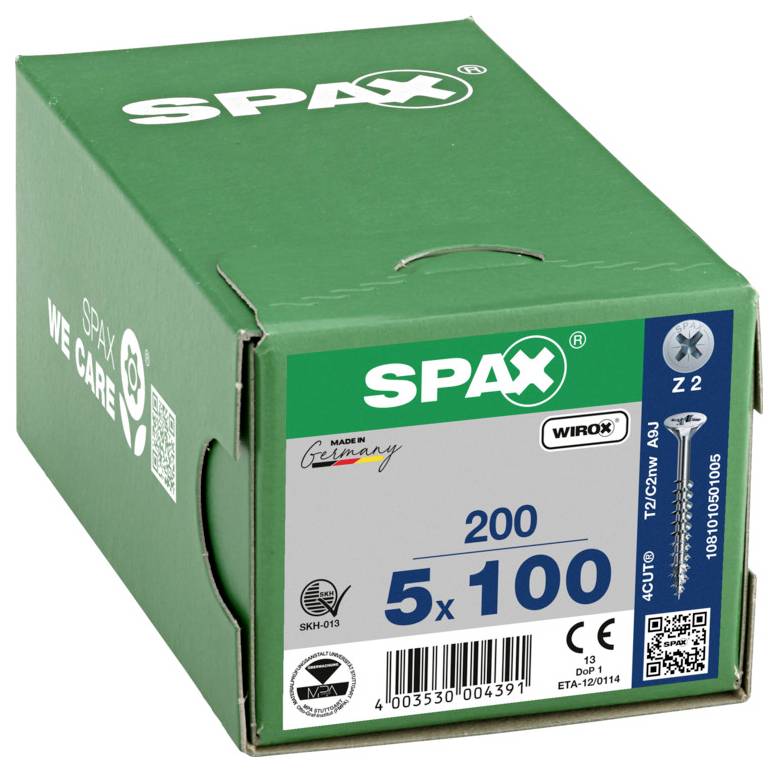 Boîte de vis SPAX verte étiquetée « 200 » et « 5x100 », montrant une boîte de 200 vis Z2 avec la marque du produit et le code-barres.