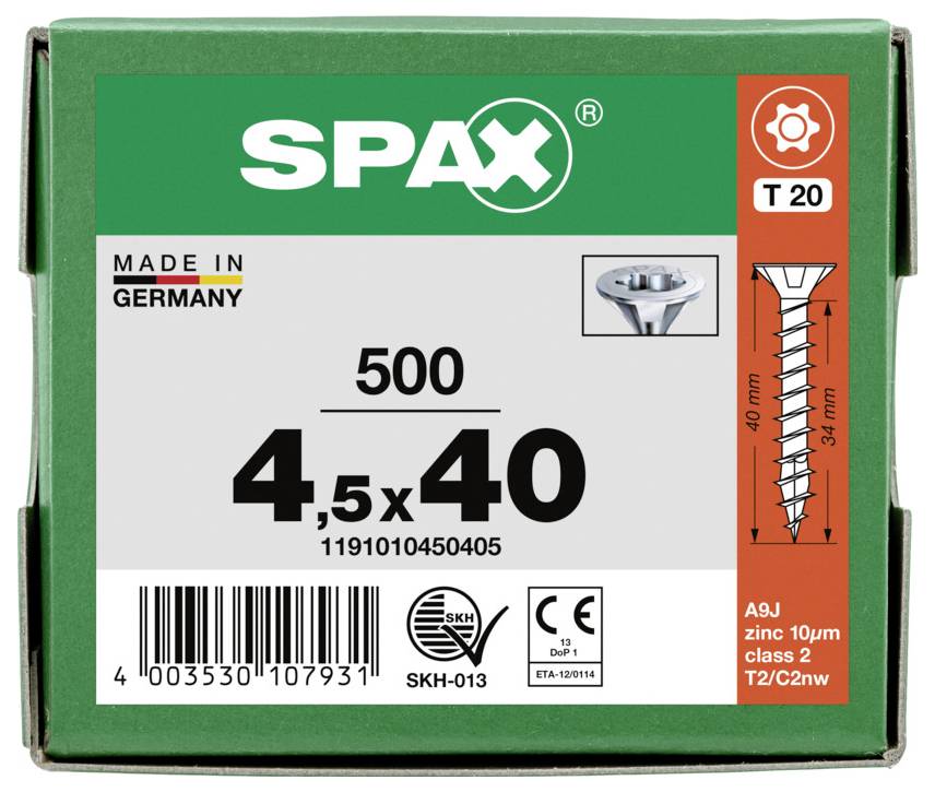 Boîte de vis à bois SPAX T20, étiquetée « Fabriquée en Allemagne », taille 4,5 x 40, quantité 500, avec code-barres et marquages techniques.