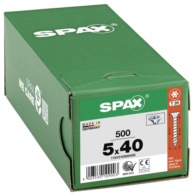 Boîte SPAX verte contenant 500 vis étiqueté 5x40, fabriqué en Allemagne, avec les marquages de spécifications de produit et d'entraînement à l'avant.
