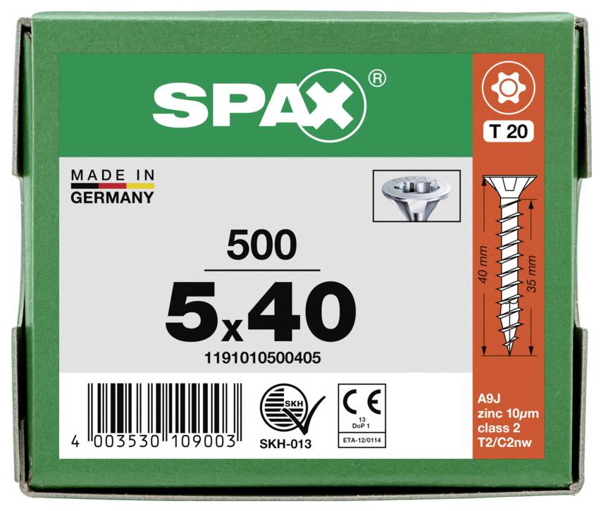 Boîte de vis de construction SPAX, étiquetée « 6 x 140 », « 100 », « Fabriqué en Allemagne », et « T 30 », avec une illustration de vis et un code-barres.