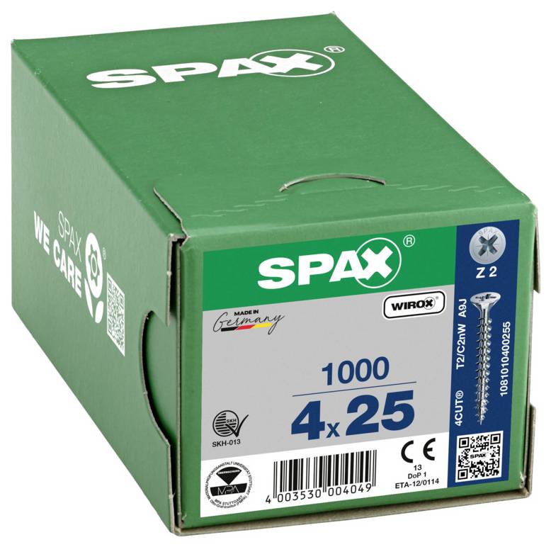 Boîte de vis SPAX verte étiquetée « 1000 4 x 25 », avec images du produit et code-barres sur le devant.