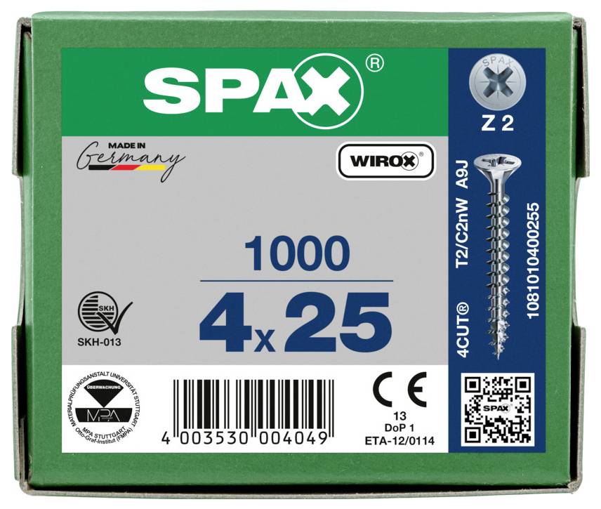Boîte de vis SPAX étiquetée « 1000 3,5x35 », fabriquée en Allemagne, Torx T20, vis zincifiées de 35 mm présentées avec code-barres et détails du produit.