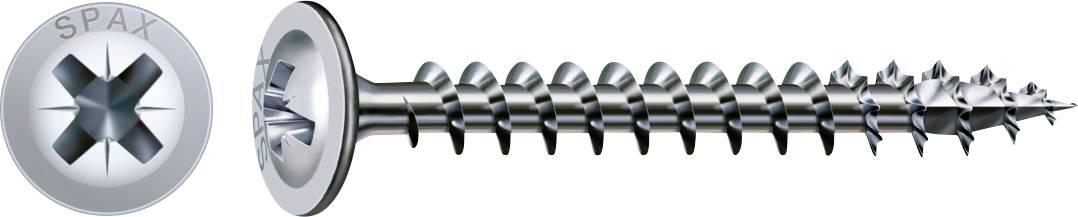 Vis SPAX argentée avec entraînement Phillips/étoile présentée en vue de côté, dotée d'une tête fraisée et de filets grossiers sur fond blanc.