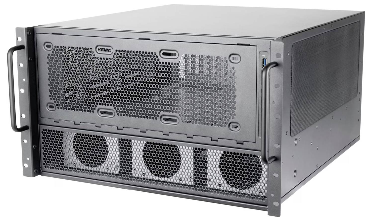 Boîtier serveur noir de montage en rack avec grille frontale, poignées et ouvertures de ventilation pour installation dans un rack de 19 pouces.