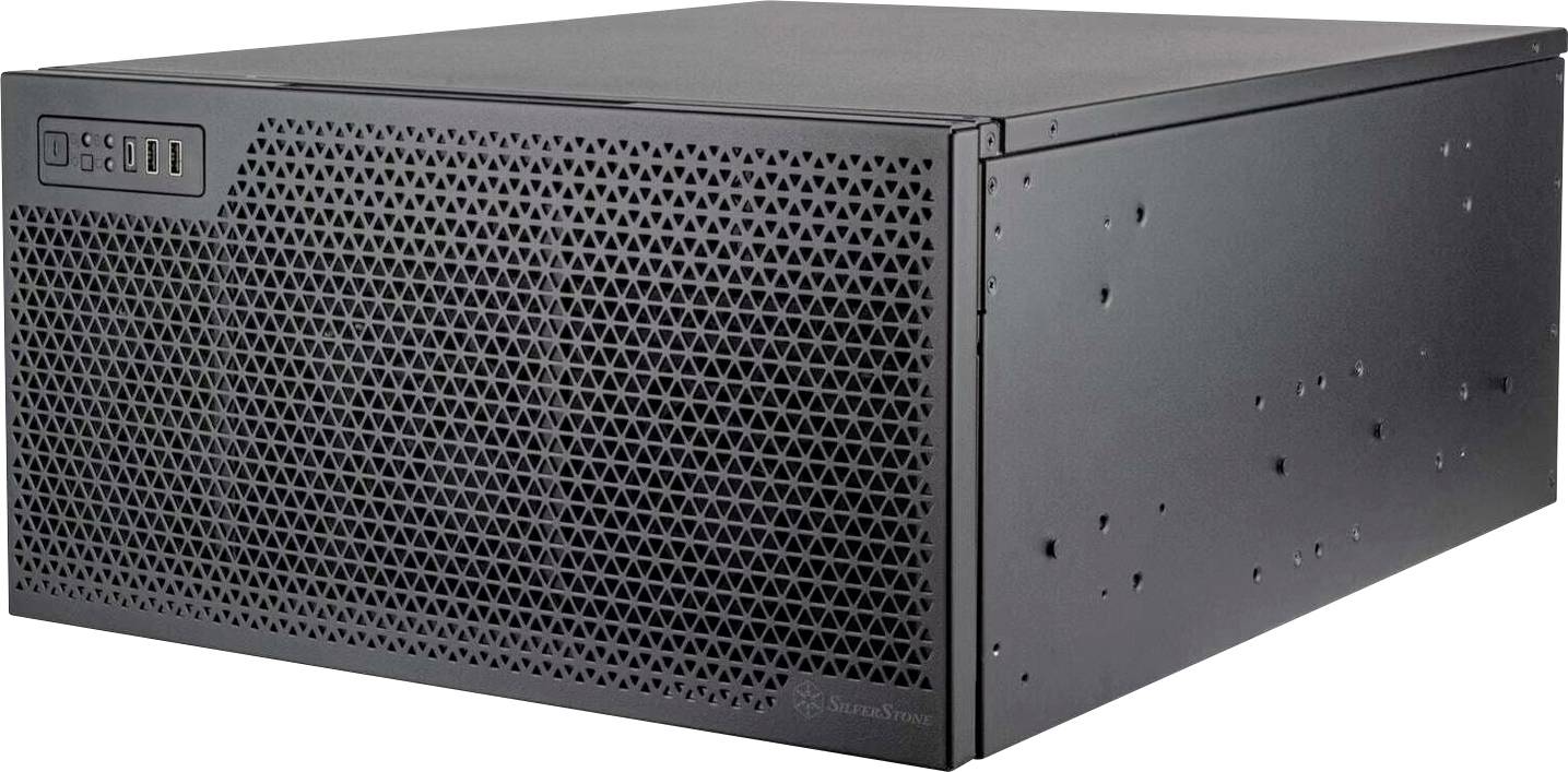 Boîtier serveur noir de montage en rack avec panneau avant perforé et ouvertures de ventilation latérales, pour installation dans des armoires serveur.