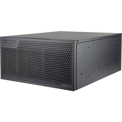 Boîtier serveur noir de montage en rack avec panneau avant perforé et ouvertures de ventilation latérales, pour installation dans des armoires serveur.