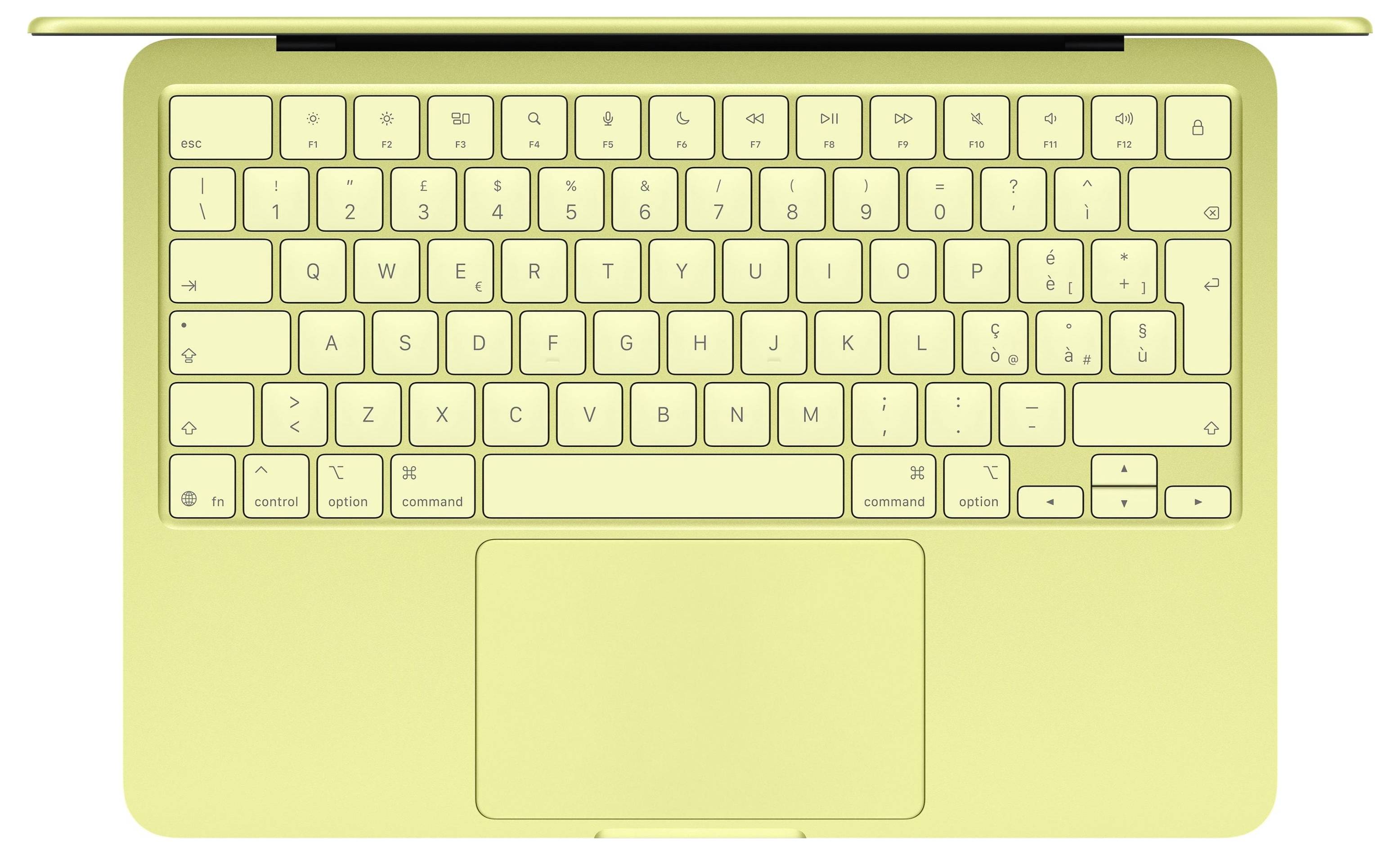 Vue de dessus d'un ordinateur portable jaune clair avec clavier et grand pavé tactile, correspondant à une image de produit.