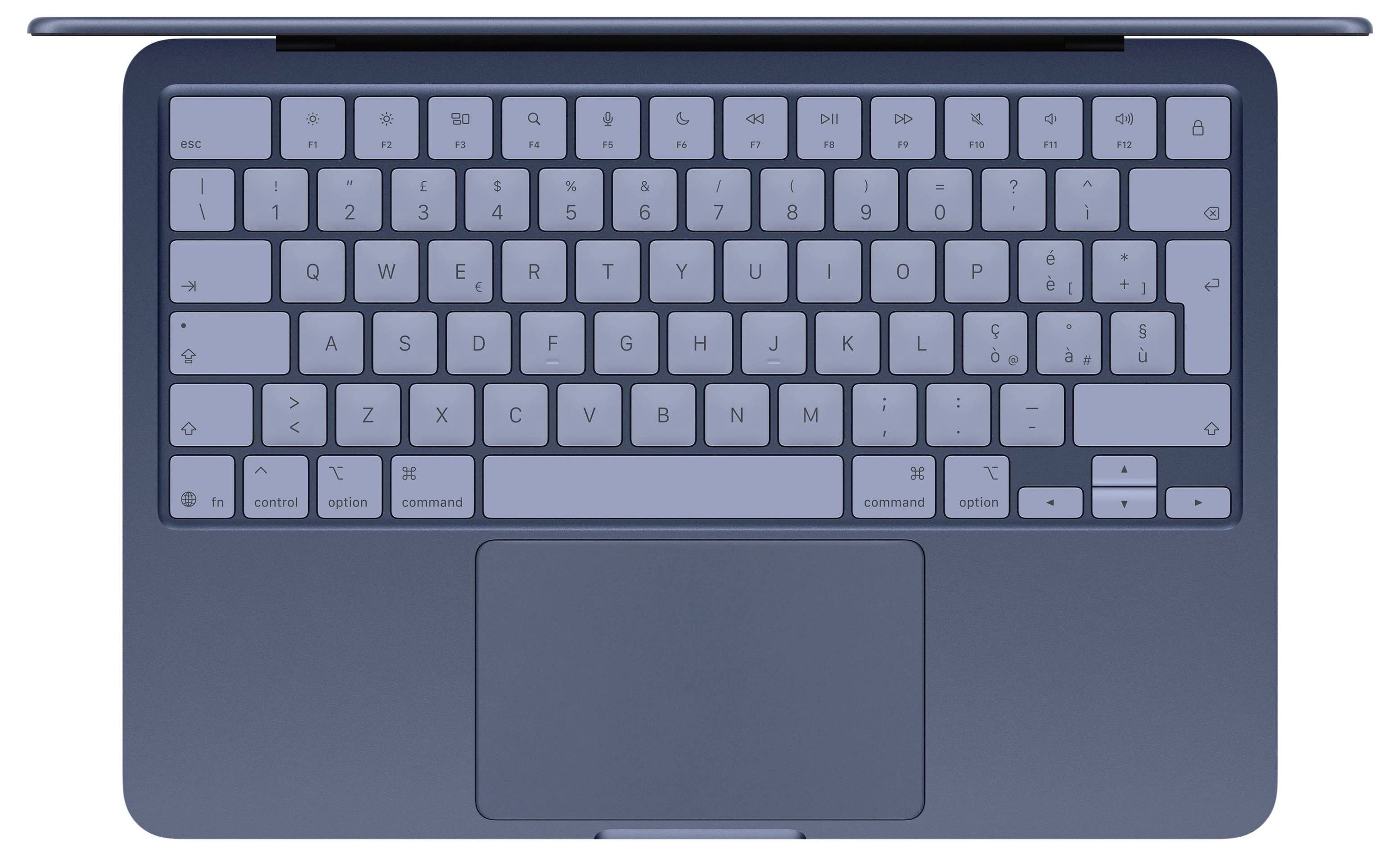 Vue de dessus d'un ordinateur portable ouvert avec clavier et grand pavé tactile bleu foncé.