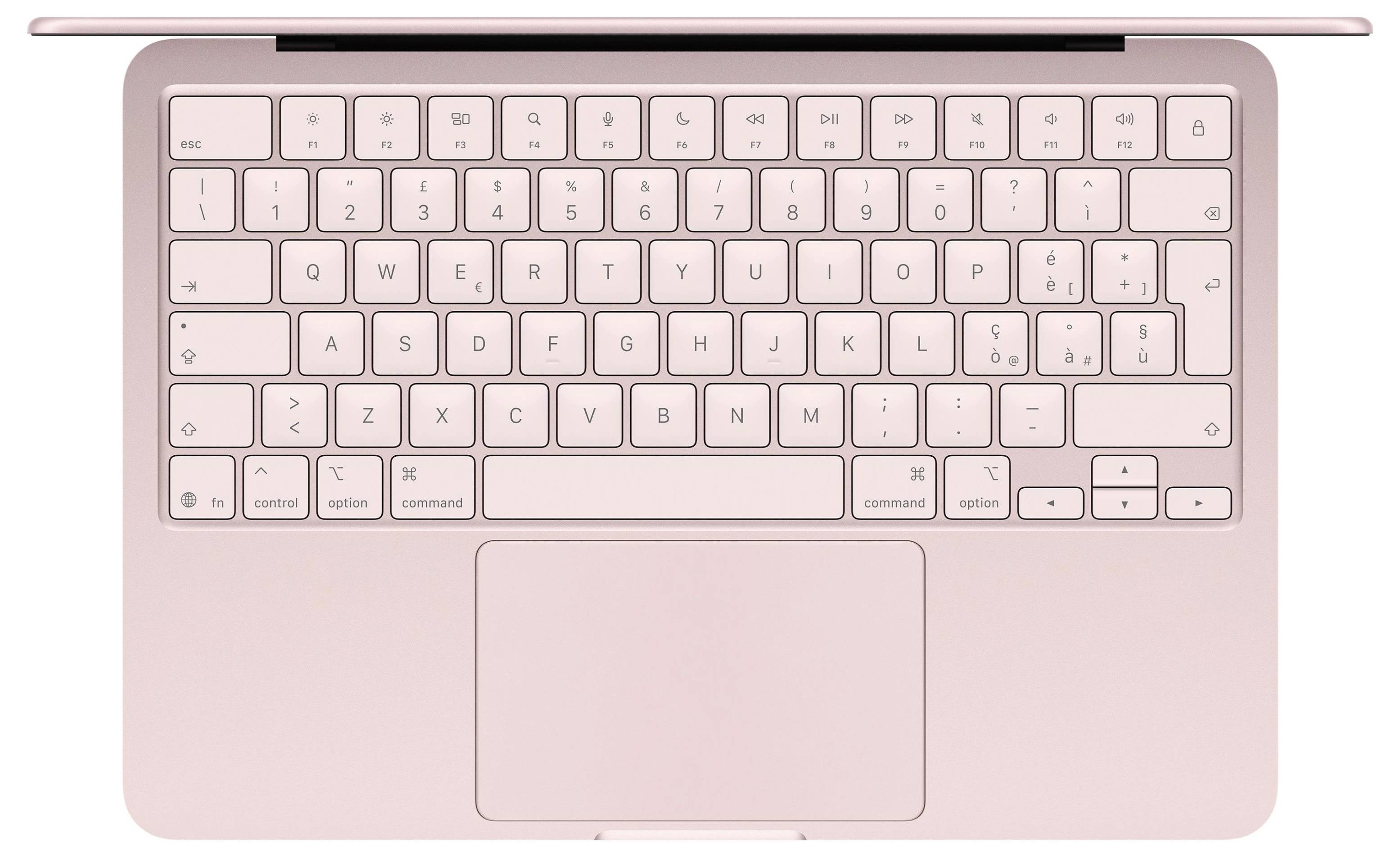 Vue de dessus d'un clavier d'ordinateur portable rose avec un grand pavé tactile ; l'appareil est fermé et ne montre que la partie supérieure.