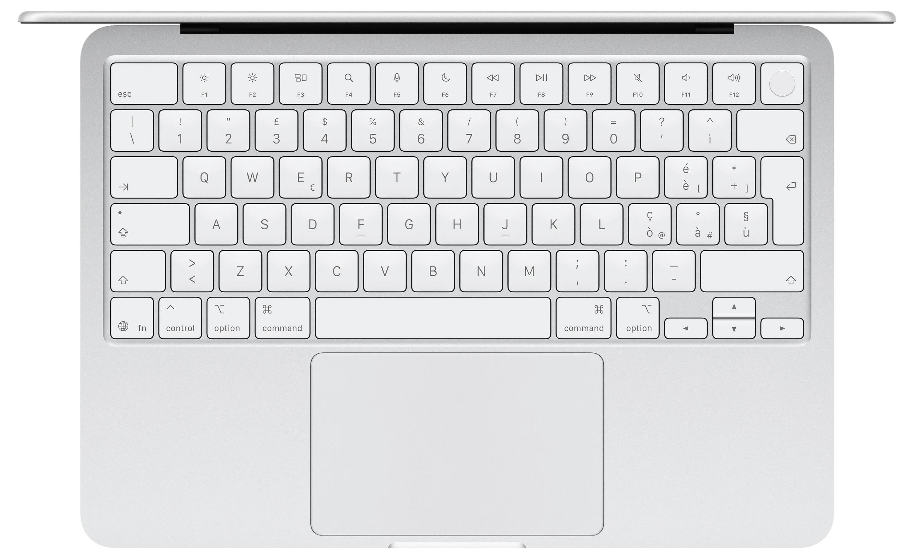 Ordinateur portable en argent vu de dessus avec clavier et grand pavé tactile ; aucun écran visible.