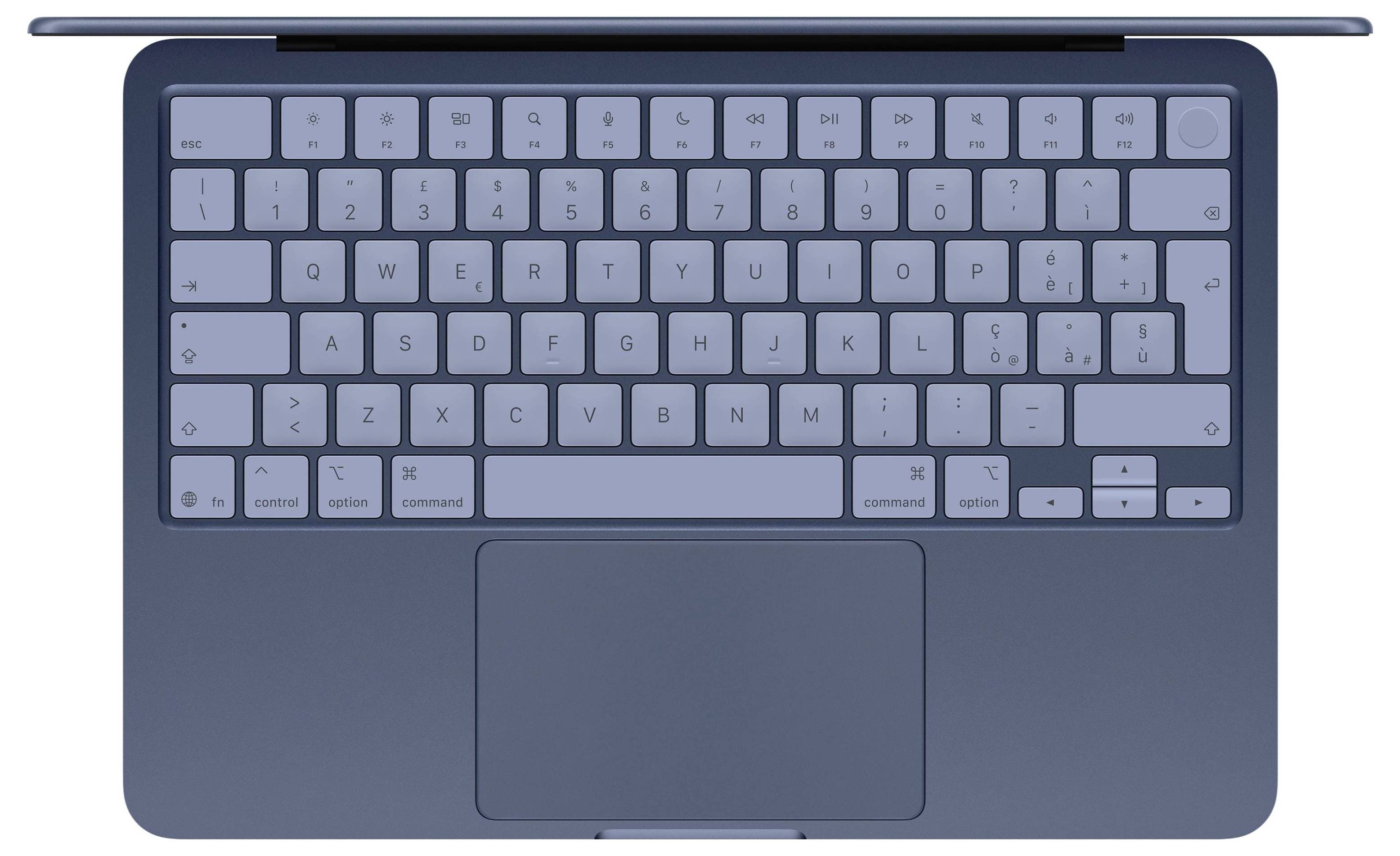 Vue de dessus d'un ordinateur portable bleu ouvert avec clavier et grand pavé tactile.