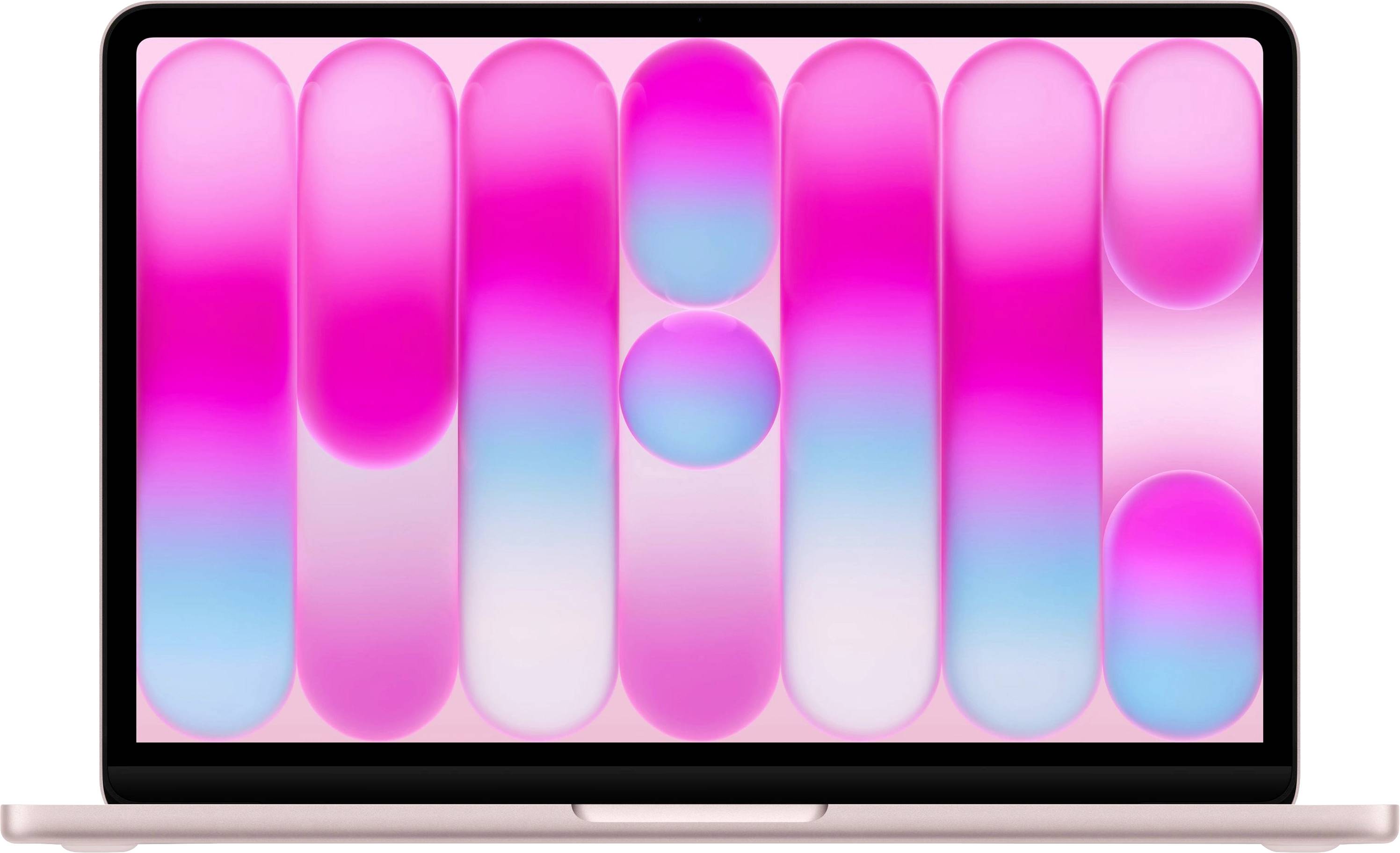 Ordinateur portable avec boîtier rose affichant un économiseur d'écran abstrait lumineux avec des dégradés de couleurs verticaux en rose, bleu et blanc.