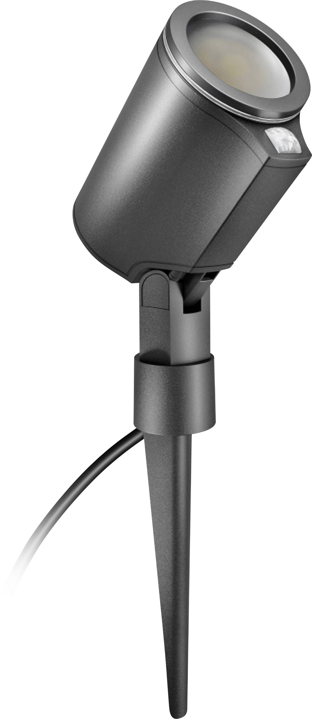 Projecteur extérieur noir réglable sur piquet de sol avec câble d'alimentation intégré.