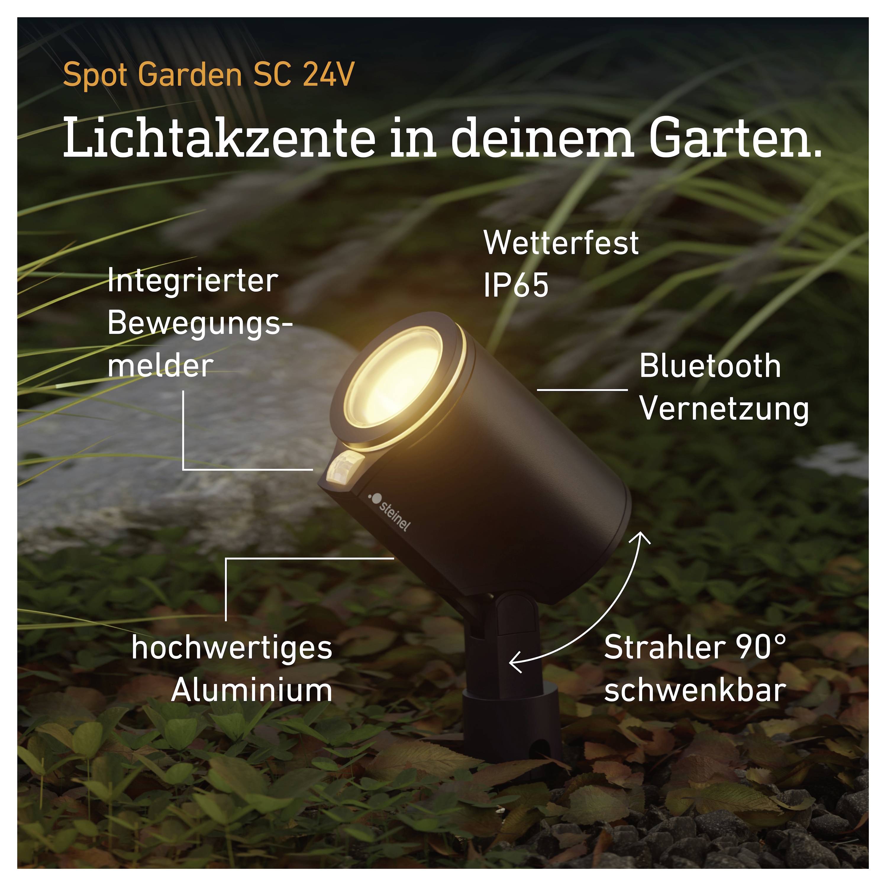 Projecteur de jardin extérieur « Spot Garden SC 24V » avec lumière chaude, présentant les caractéristiques suivantes : capteur de mouvement, résistance météorologique IP65, Bluetooth, corps en aluminium et faisceau réglable à 90°.