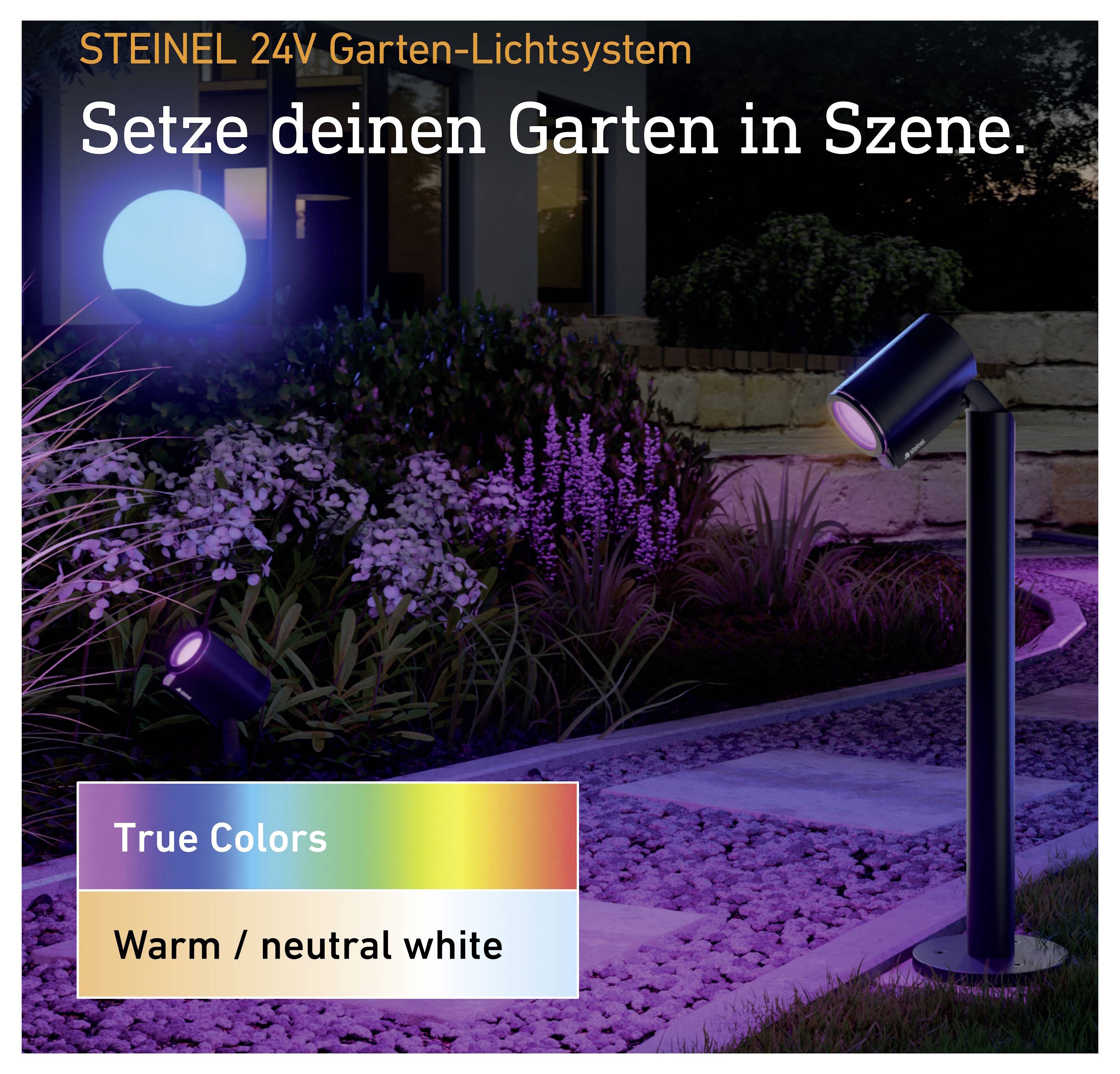 Publicité pour l'éclairage de jardin STEINEL 24V montrant un jardin illuminé la nuit avec le texte « Mets en scène ton jardin. » et les options de couleur « True Colors » et « Blanc chaud / blanc neutre ».