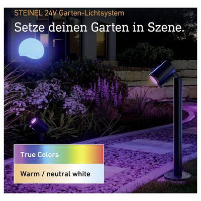 Publicité pour l'éclairage de jardin STEINEL 24V montrant un jardin illuminé la nuit avec le texte « Mets en scène ton jardin. » et les options de couleur « True Colors » et « Blanc chaud / blanc neutre ».