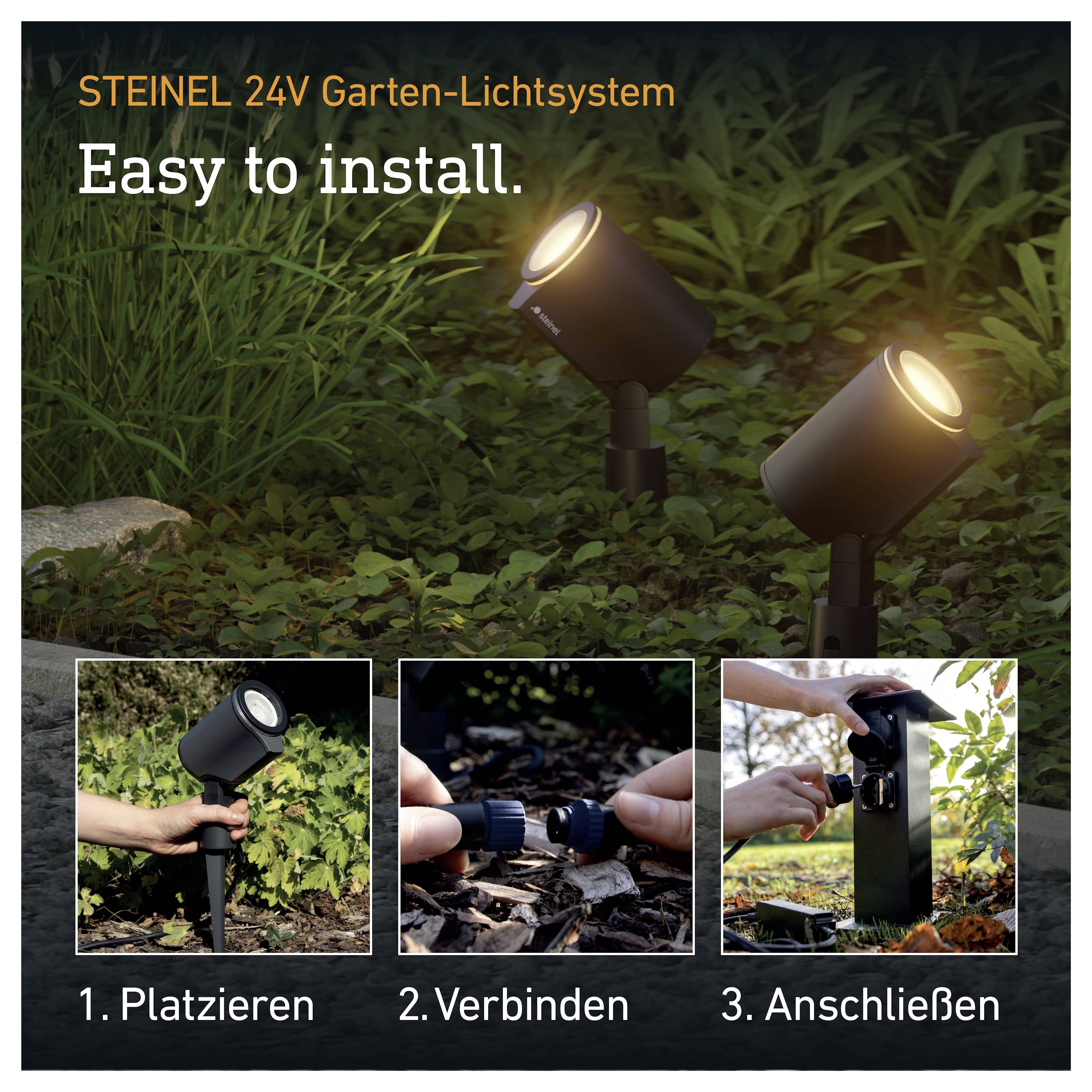 Publicité pour le système d'éclairage de jardin STEINEL 24V montrant deux projecteurs installés et trois étapes : '1. Positionner', '2. Connecter', '3. Brancher', avec 'Facile à installer.'