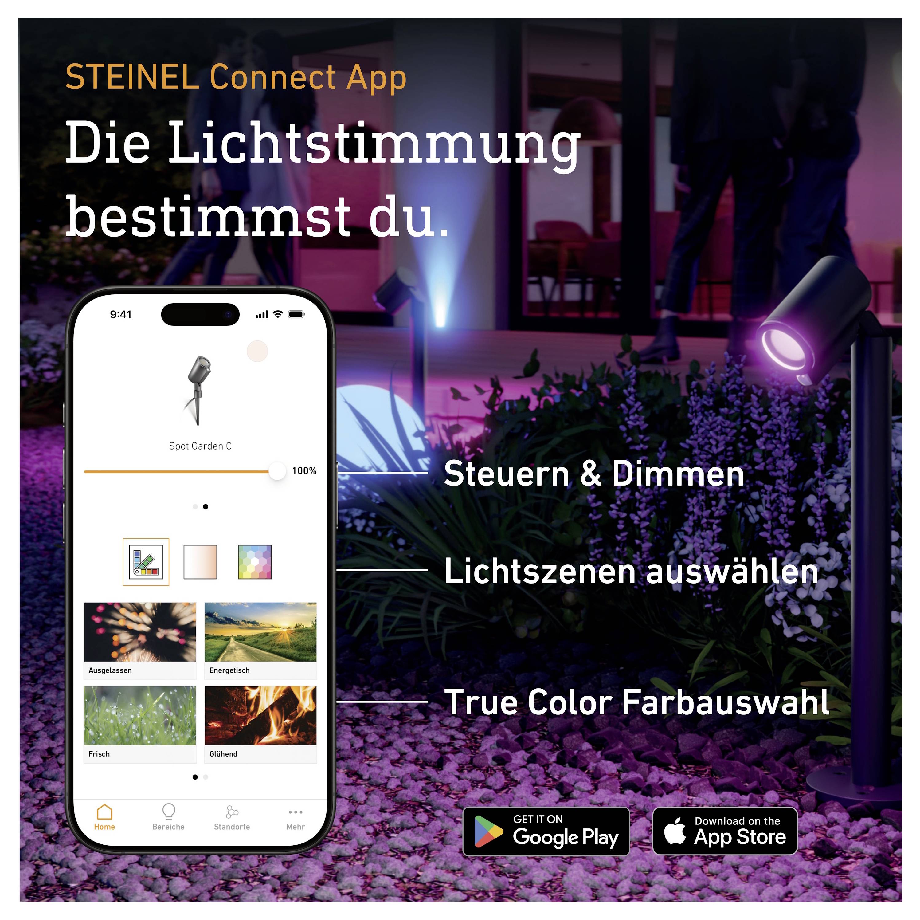Publicité pour l'application STEINEL Connect : Le smartphone contrôle l'éclairage de jardin avec les fonctions « Contrôler & Varier l'intensité », « Sélectionner des scènes lumineuses » et « Sélection des couleurs True Color ».