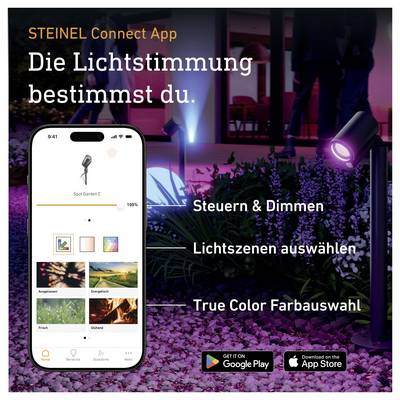 Publicité pour l'application STEINEL Connect : Le smartphone contrôle l'éclairage de jardin avec les fonctions « Contrôler & Varier l'intensité », « Sélectionner des scènes lumineuses » et « Sélection des couleurs True Color ».