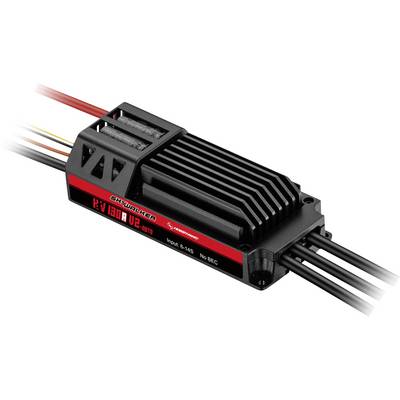 Contrôleur électronique de vitesse noir avec ailettes de refroidissement et fils connectés, présenté sur un fond blanc.