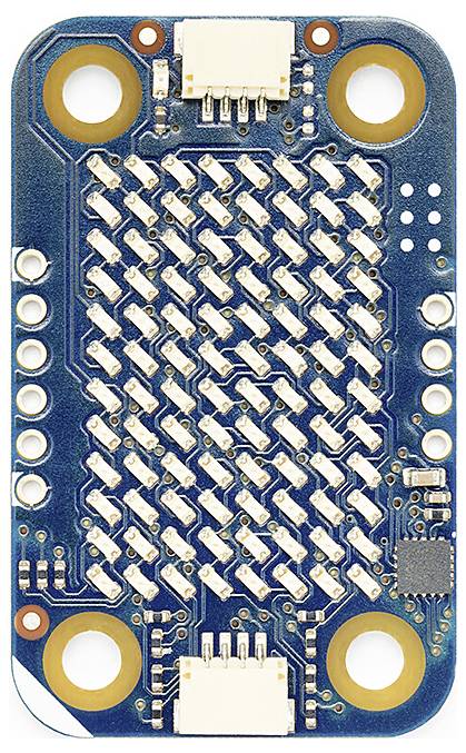 Carte de circuit bleu avec deux connecteurs blancs, quatre trous de montage et une disposition centrale de petits composants blancs organisés en grille.