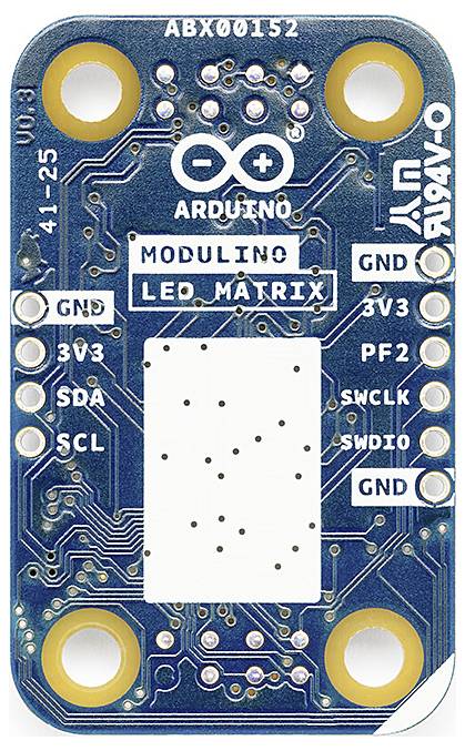 Carte de circuit du module Arduino avec matrice LED avec connecteur de style USB-C et broches étiquetées, comportant une zone d'affichage LED centrale 5x5.