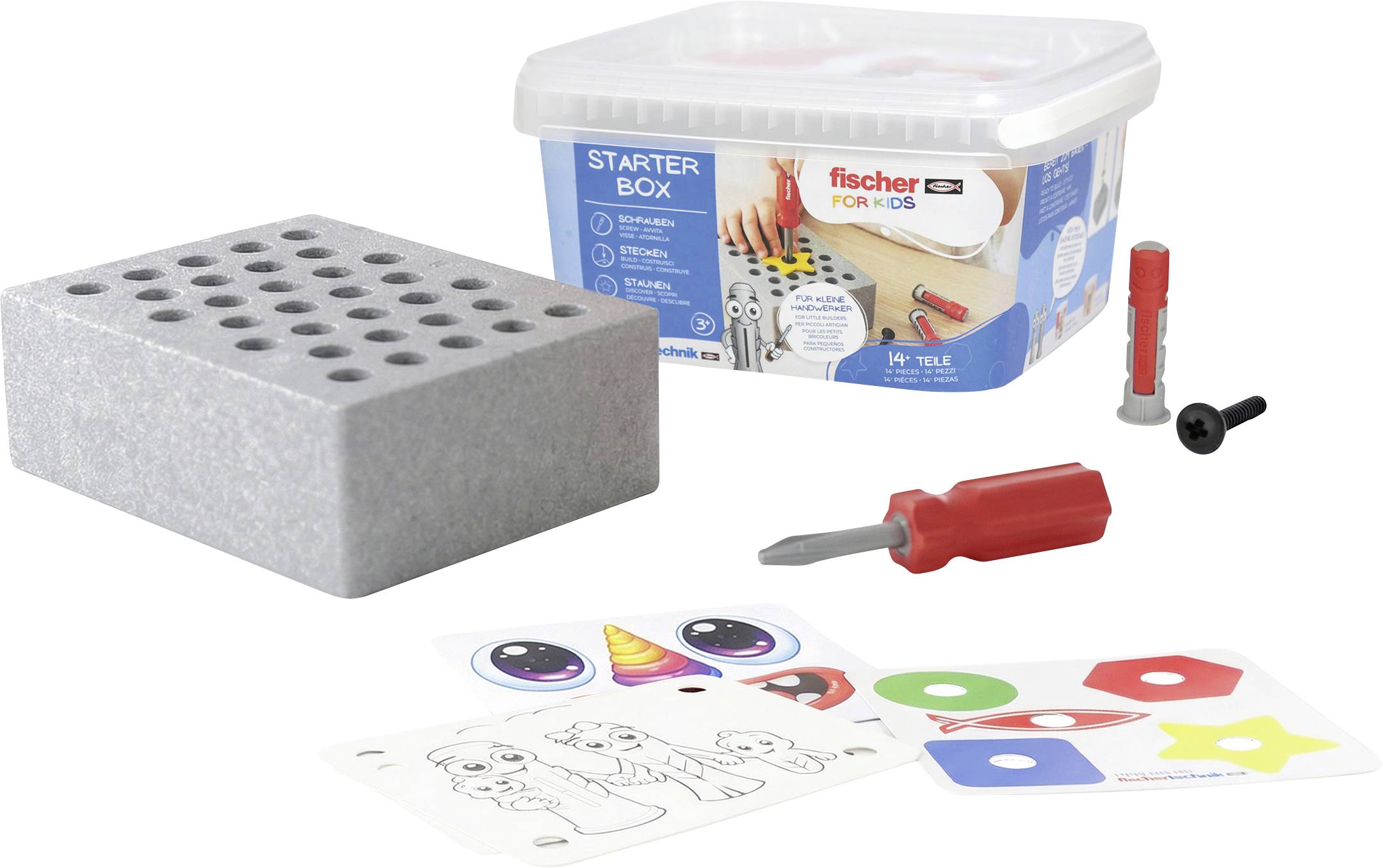 Kit de démarrage pour la construction de jouets pour enfants avec un bloc gris perforé, une boîte de rangement, un tournevis rouge, de petites fixations et des cartes d'activité avec des formes et des visages.