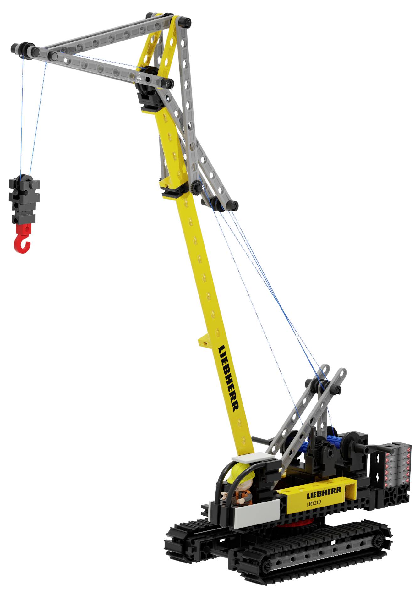 Une grue sur chenilles Liebherr avec une longue flèche jaune et un crochet suspendu sur un fond blanc.