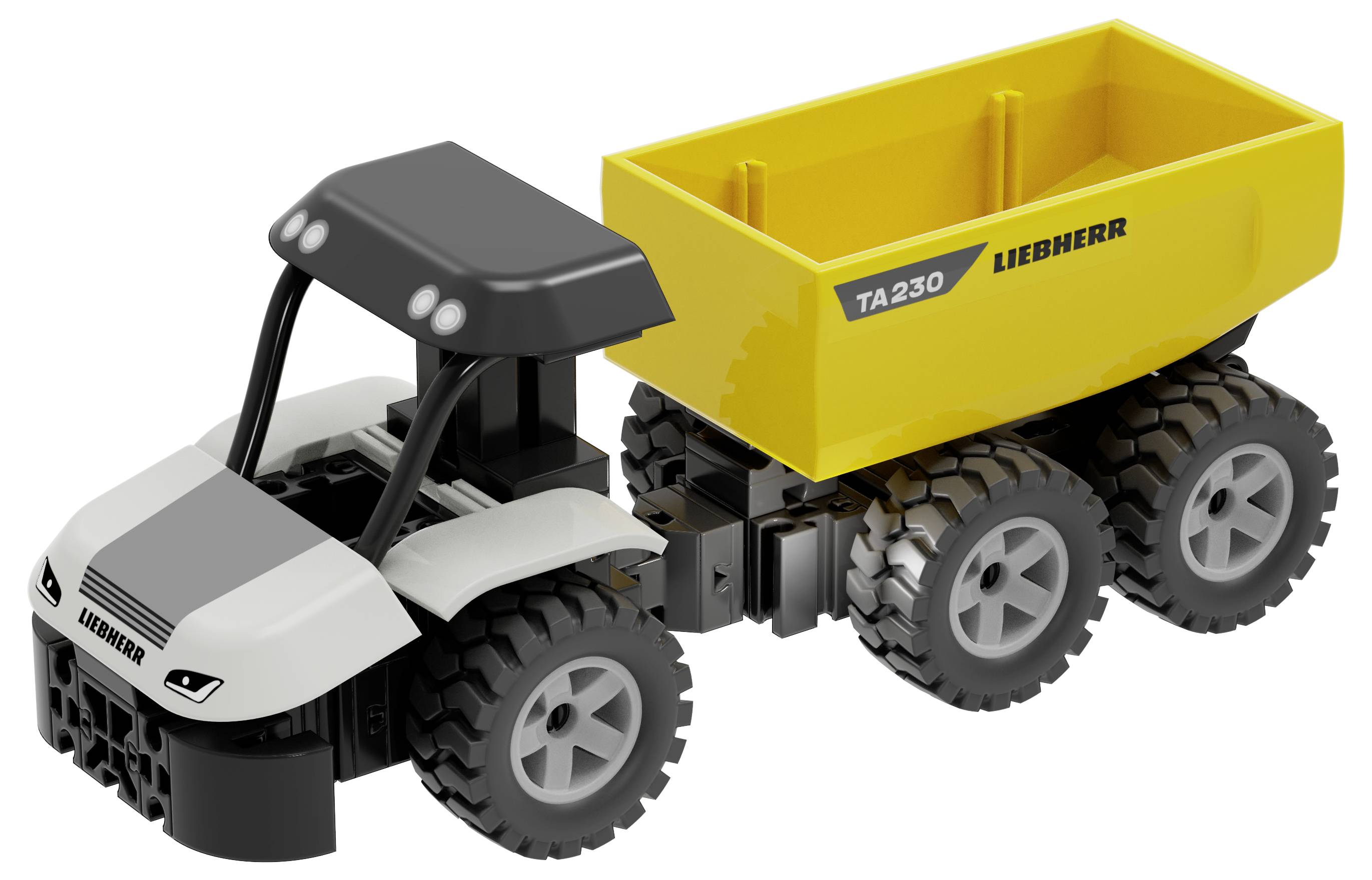 Un camion benne Liebherr jouet avec une cabine blanche, un toit noir et une benne basculante jaune étiquetée « TA230 » sur un fond blanc.