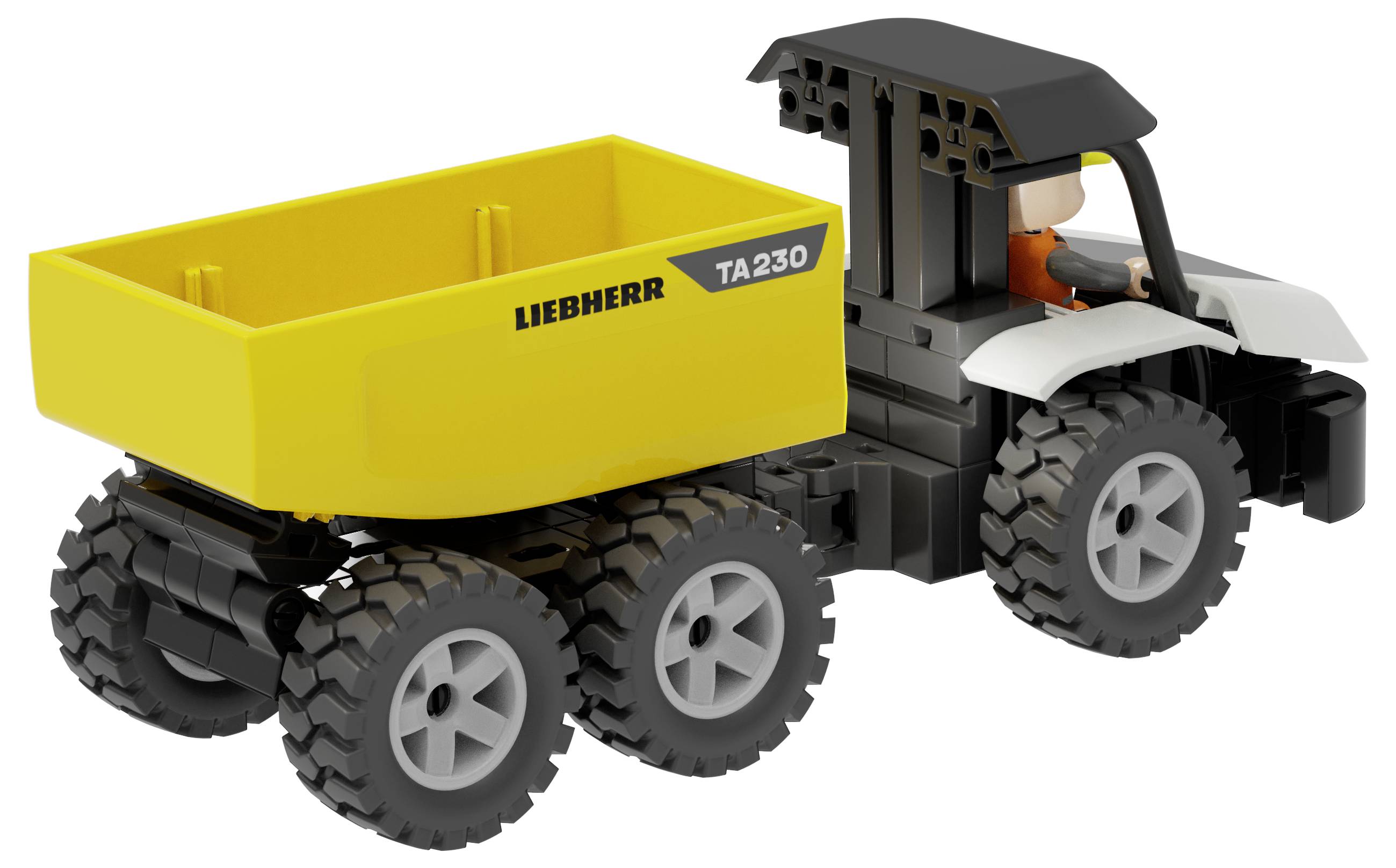 Modèle de camion benne jouet avec benne Liebherr TA230 jaune, cabine noire et roues surdimensionnées sur un fond blanc.