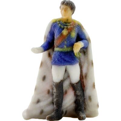 Petite figurine peinte d'un homme cape portant une tunique bleue et des bottes noires, debout sur une base en forme de roche.