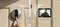 Serrure de porte intelligente et sonnette vidéo sur une porte d'entrée, avec une personne utilisant un doigt pour la déverrouiller et un visiteur en direct affiché à l'écran vidéo.