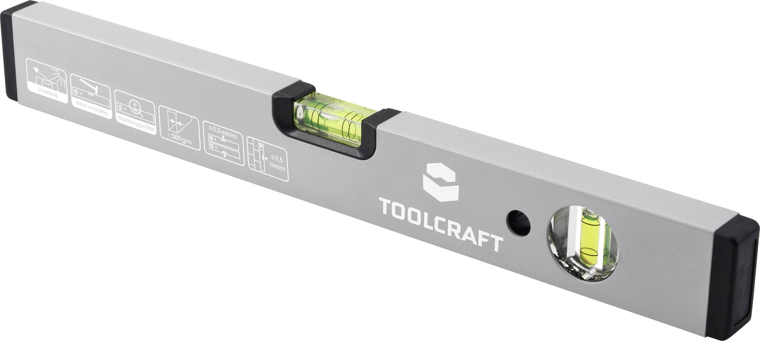 Niveau à bulle Gray Toolcraft avec deux fioles à bulle, présenté en angle sur un fond blanc.