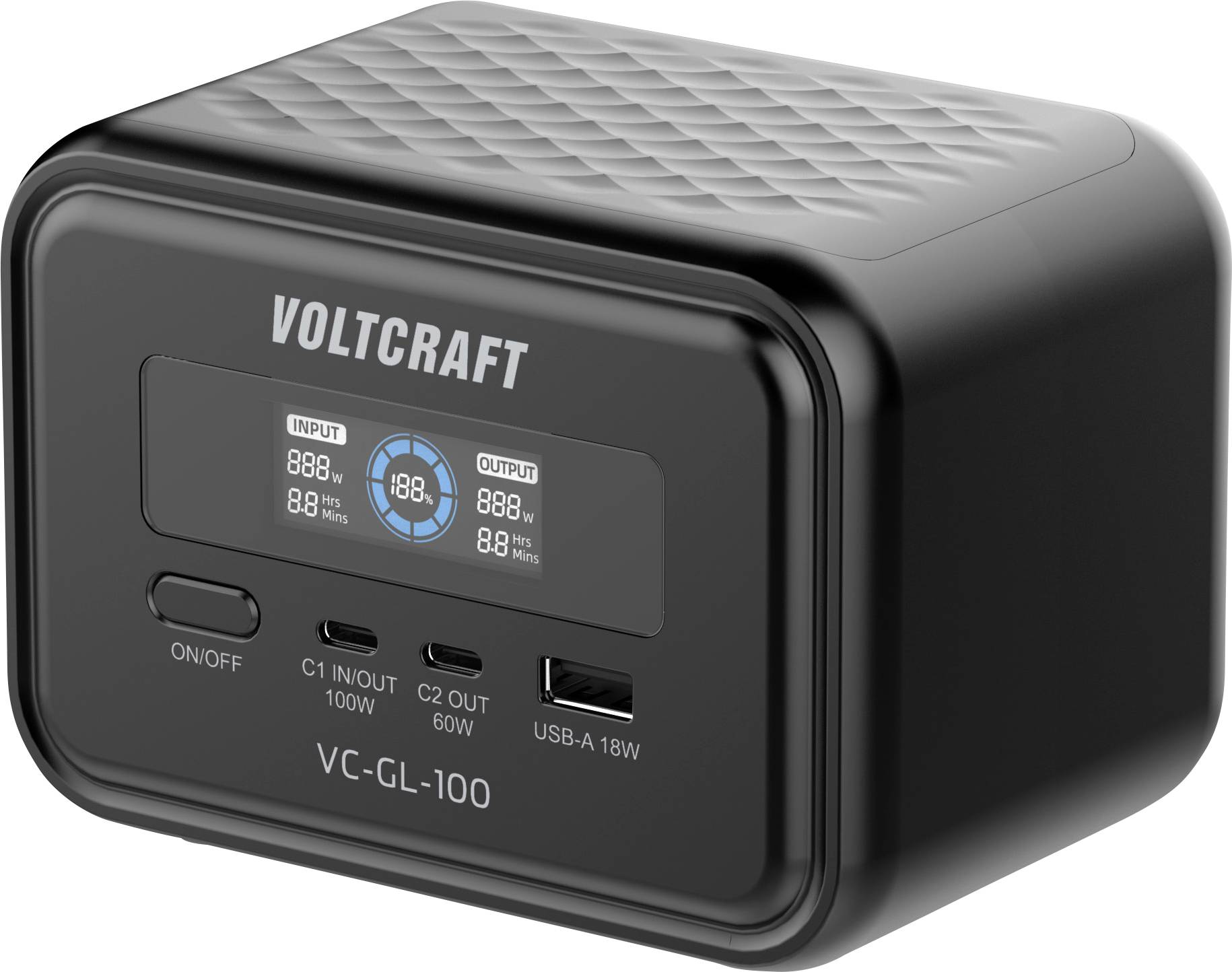 Alimentation électrique noire VOLTCRAFT VC-GL-100 avec écran frontal, bouton marche/arrêt, ports d'entrée/sortie USB-C et port USB-A 18W.