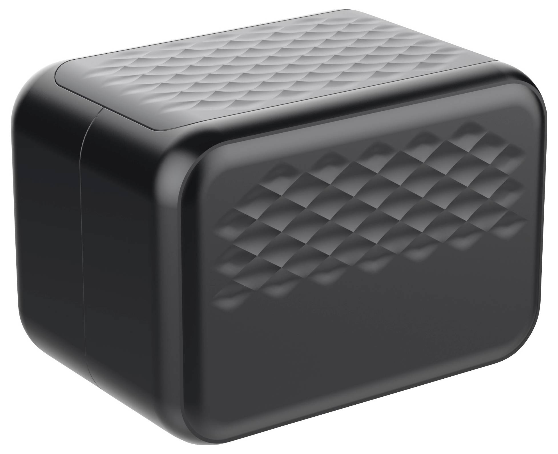 Boîte de rangement rectangulaire arrondie noire avec un couvercle à texture matelassée et un panneau latéral à motif de losanges, présentée sur un fond blanc.