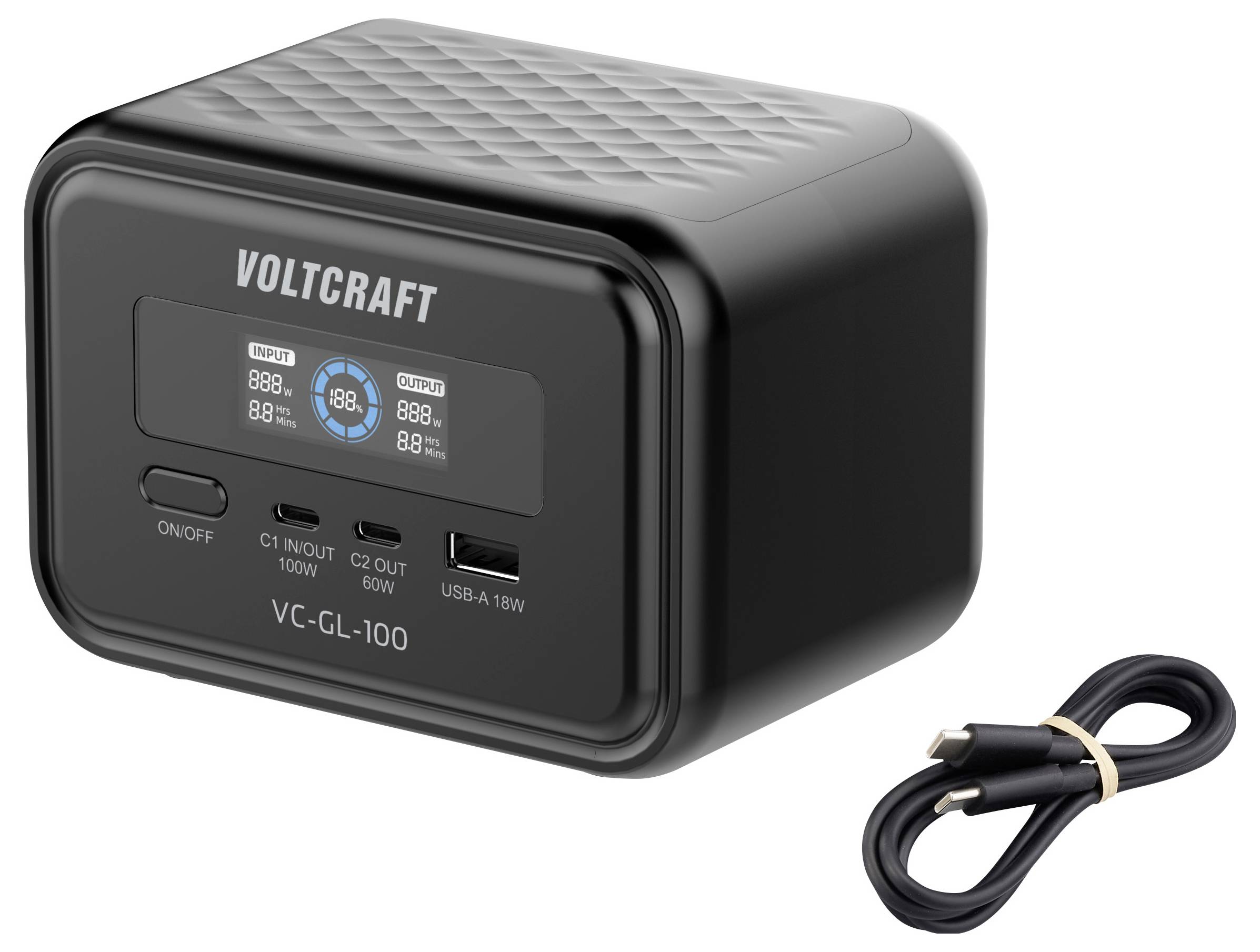 Station d'énergie portable VOLTCRAFT VC-GL-100 noire avec écran d'affichage, bouton d'alimentation, ports USB-C et USB-A, présentée avec le câble de charge.