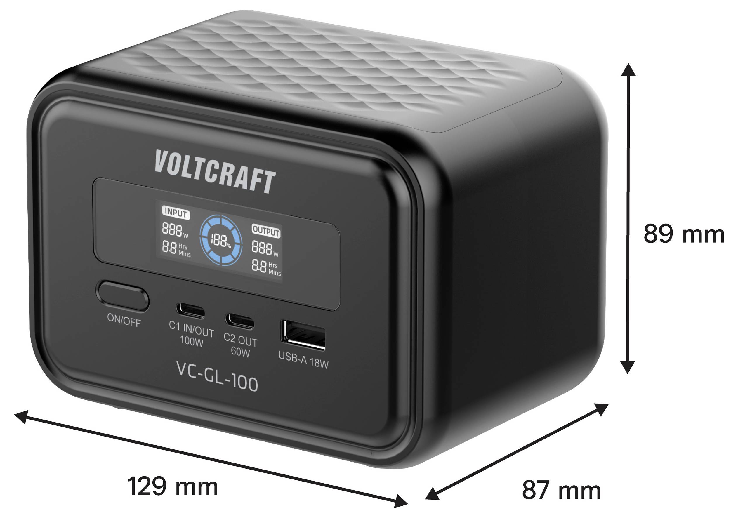 Image produit d'un chargeur VOLTCRAFT VC-GL-100 avec afficheur et ports, montrant les dimensions : 129 mm de largeur, 87 mm de profondeur, 89 mm de hauteur.