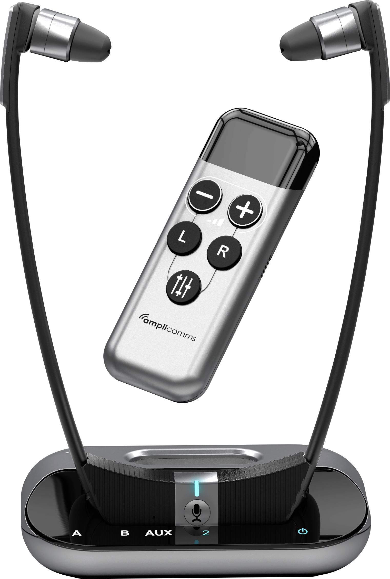 Écouteurs sans fil en bandeau cervical avec télécommande intégrée, socle de charge et écouteurs gauche/droit sur une base noire.