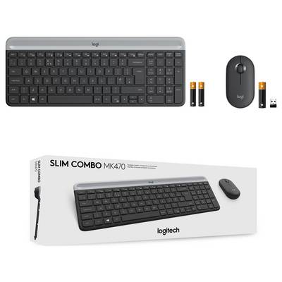 Ensemble de clavier et souris sans fil Logitech Slim Combo MK470 avec récepteur USB et piles, présenté avec la boîte produit.