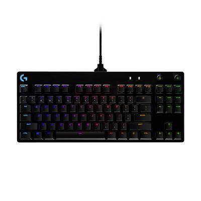 Clavier de jeu RGB filaire noir avec disposition compacte, logo en haut à gauche et pavé numérique séparé sur la droite.