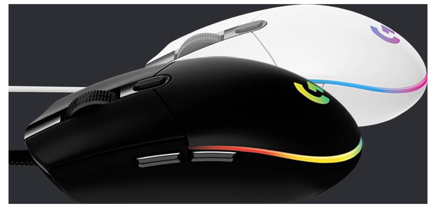 Deux souris de jeu informatique, l'une noire et l'une blanche, présentées côte à côte avec des accents de lumière RGB et des câbles tressés.